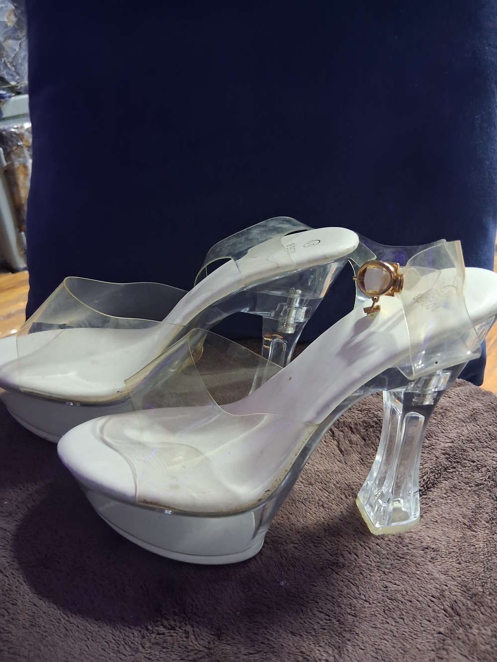 Clear Strap White Platform Heels with Transparent Block Heel and Gold Accent